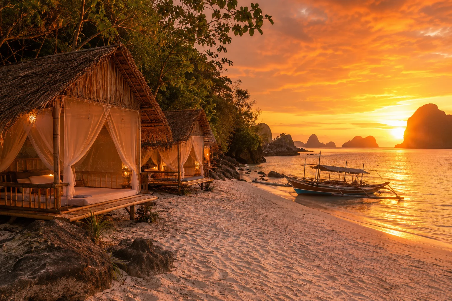 Beach hut camp on a remote island during the El Nido to Coron expedition at sunset