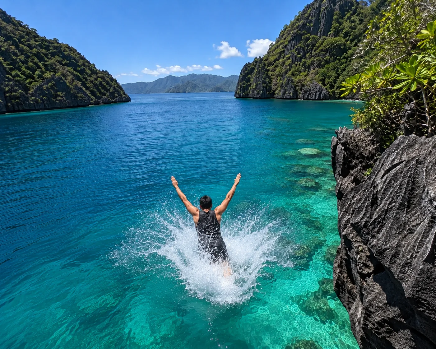 Cliff jumping during island hopping on the El Nido to Coron expedition