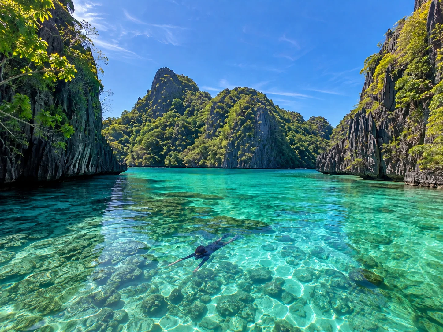 Snorkeling stop during the El Nido to Coron expedition in Linapacan Islands