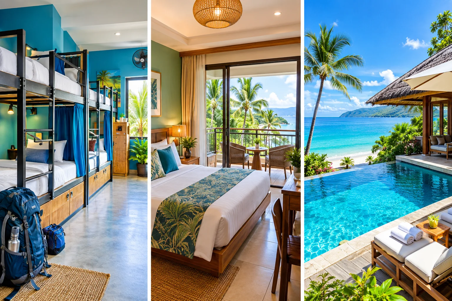 Three Philippine travel styles side by side: hostel dorm, boutique hotel room and luxury beach resort