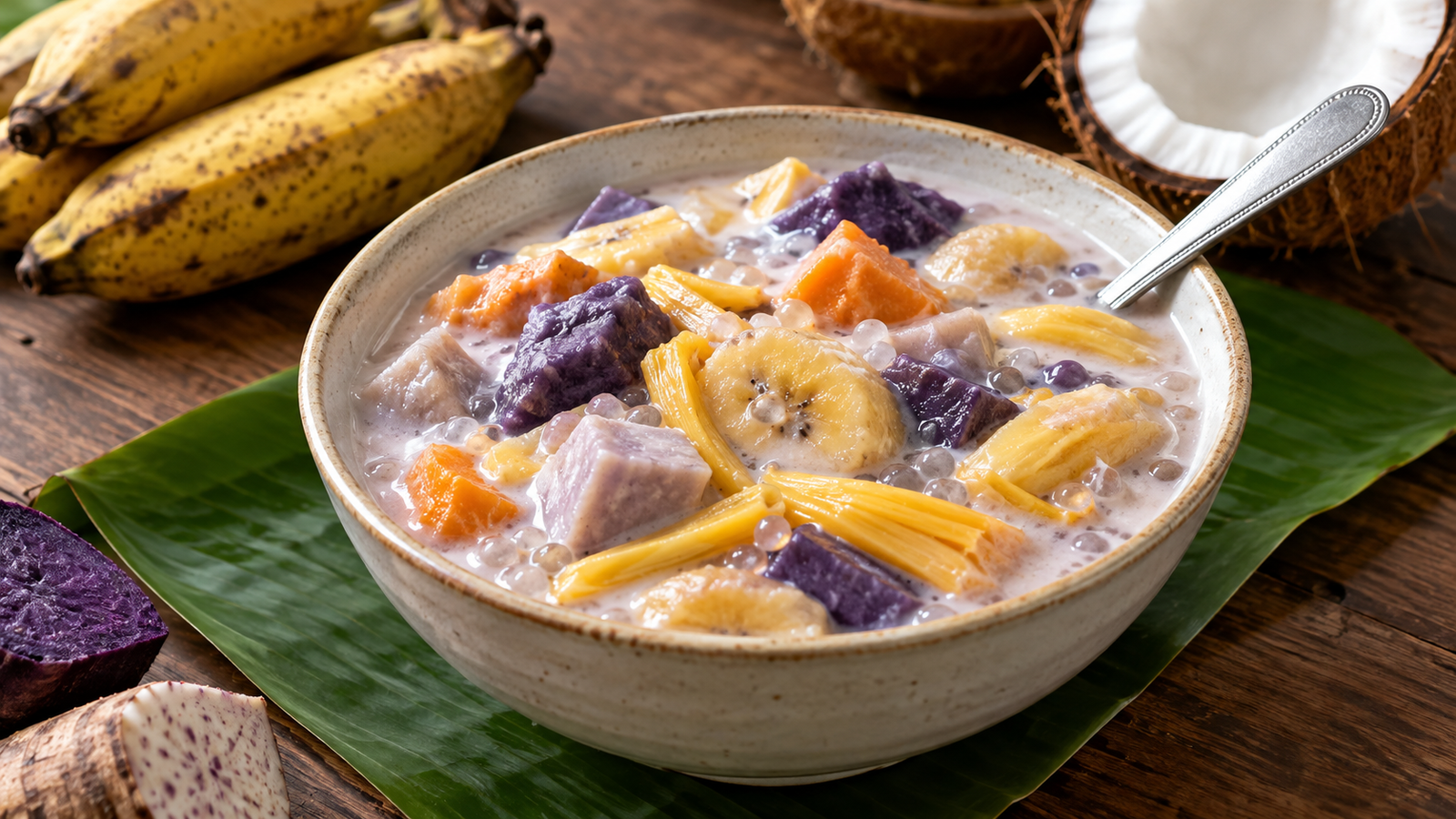 A bowl of binignit, Cebuano dessert soup with ube, sweet potato, saba, jackfruit and tapioca in coconut milk