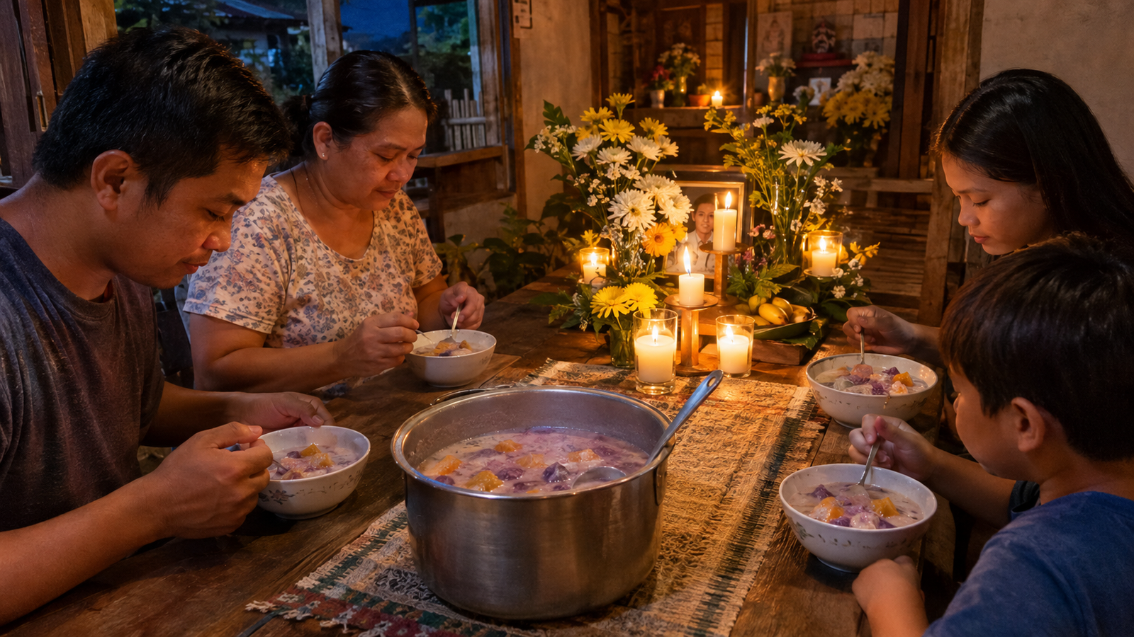 Filipino family eating binignit with candles and flowers during Undas