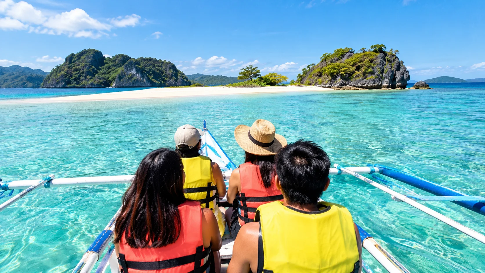 Group of travelers sharing a bangka boat for an island-hopping trip in the Philippines