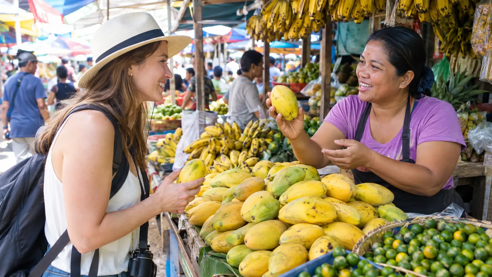 Tourist using Cebuano phrases while buying mangoes at a market in Cebu