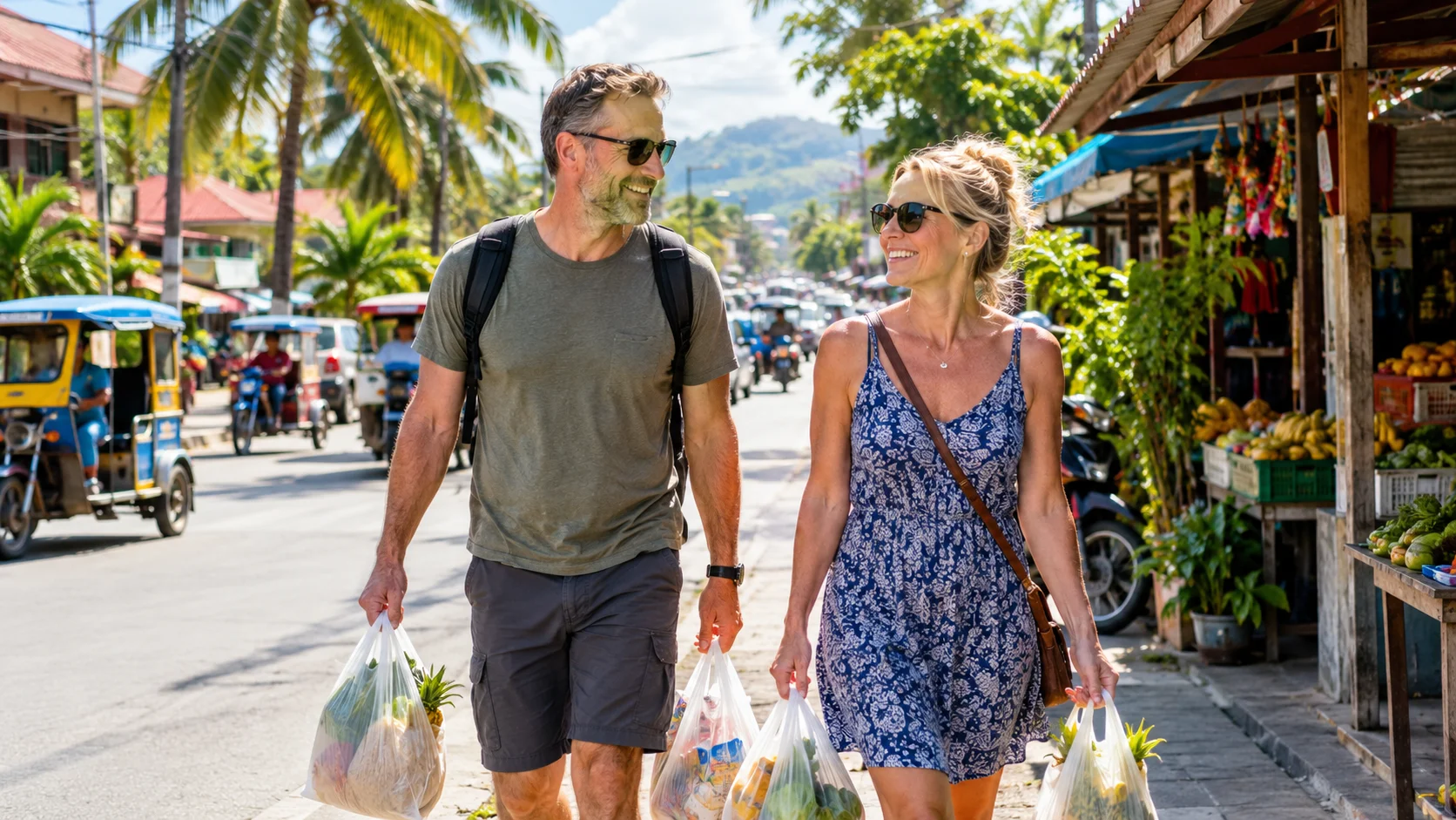 Cost of Living in the Philippines 2026: Monthly Budget, Rent & Prices + Free Calculator 6 Expat couple shopping in a Philippine city, showing everyday cost of living