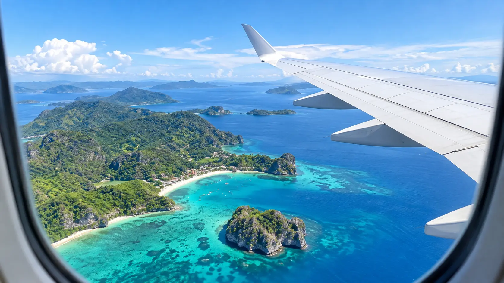 Domestic Flights in the Philippines 2026: Cebu Pacific vs PAL vs AirAsia (Baggage, Routes & Tips) 9 View of Philippine islands from an airplane window on a domestic flight