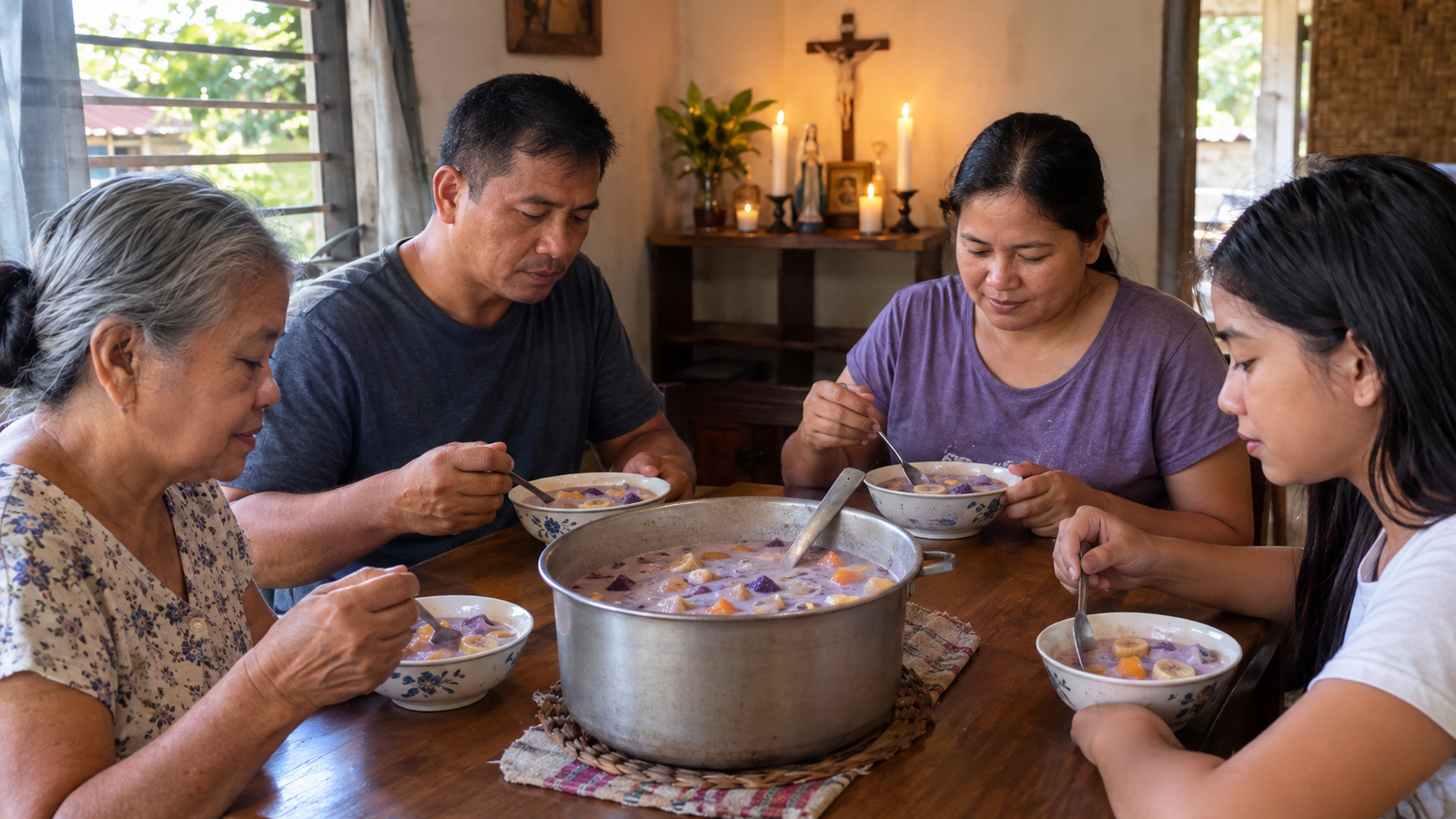 Filipino family sharing binignit at home on Good Friday during Holy Week