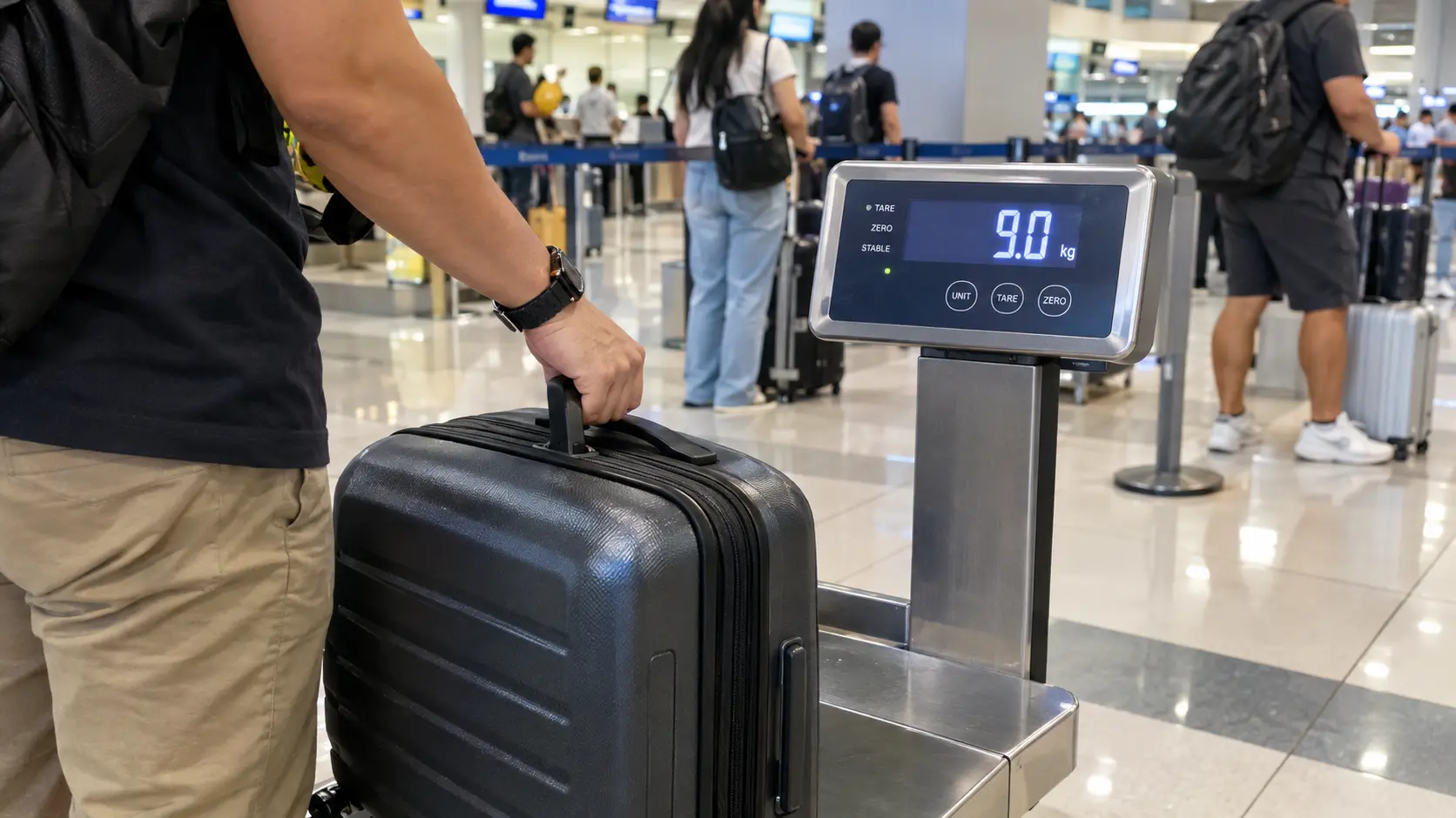 Domestic Flights in the Philippines 2026: Cebu Pacific vs PAL vs AirAsia (Baggage, Routes & Tips) 12 Traveler weighing a hand-carry bag before a domestic flight in the Philippines