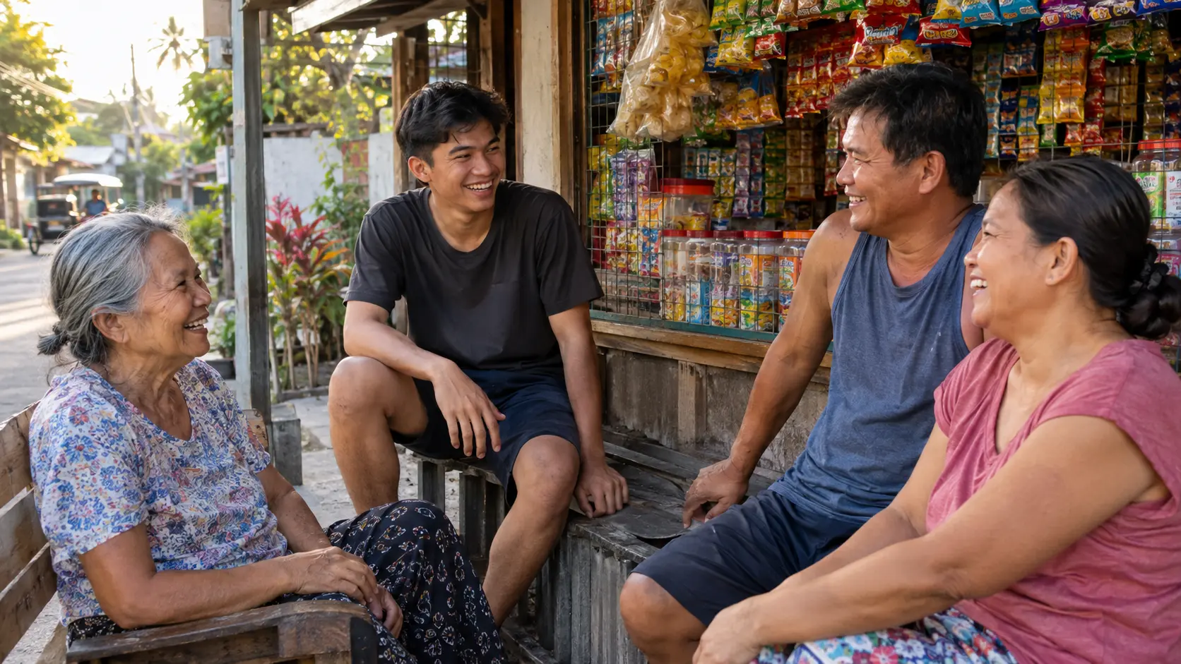 Filipinos chatting in front of a sari-sari store, where many of the country’s 175+ languages are spoken daily