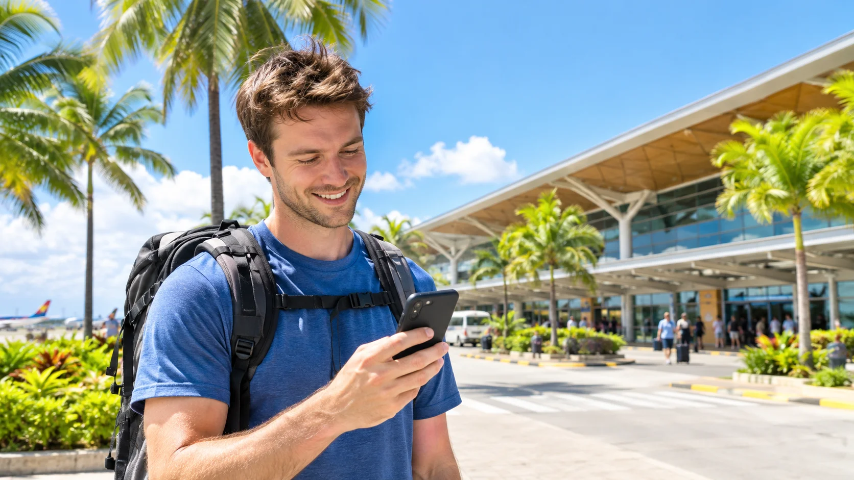 Tourist using a Philippines eSIM on arrival at the airport