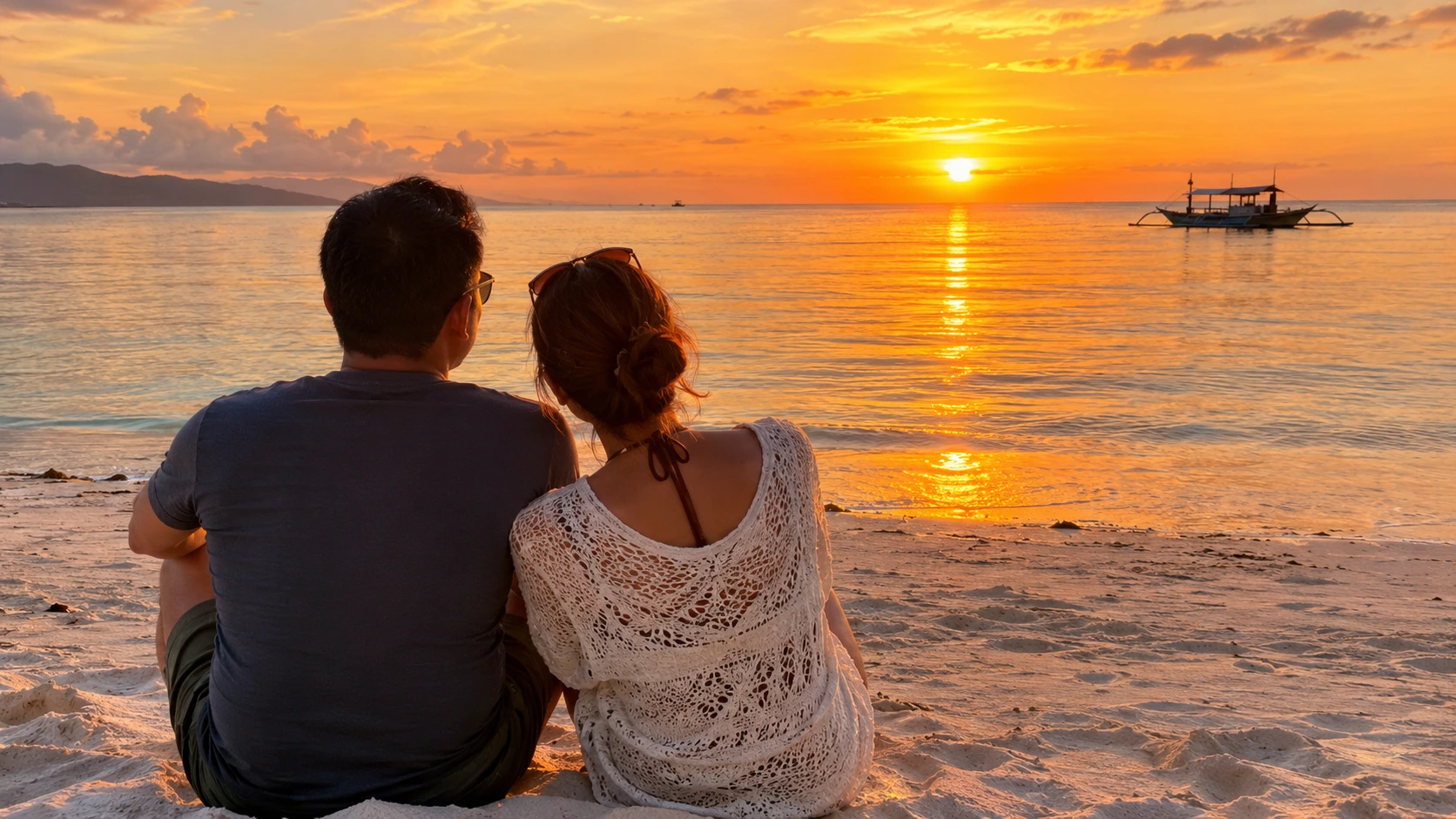 10 Romantic Getaways in the Philippines (2026): Best Honeymoon Spots for Couples 11 Couple watching the sunset on a tropical beach in the Philippines